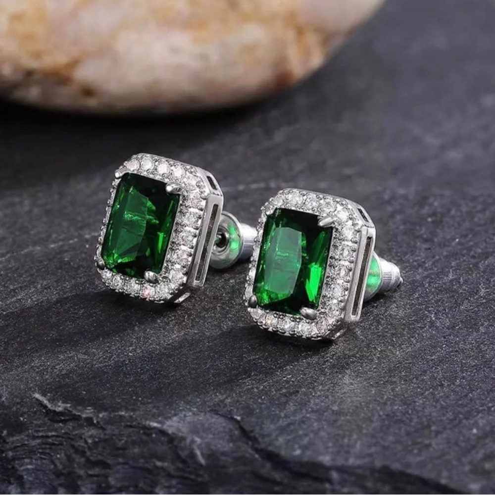 Square Cut Emerald Green Crystal Baguette Stud Earrings